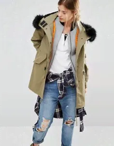 Парка хаки с отделкой из искусственного меха на капюшоне Converse - Зеленый-0